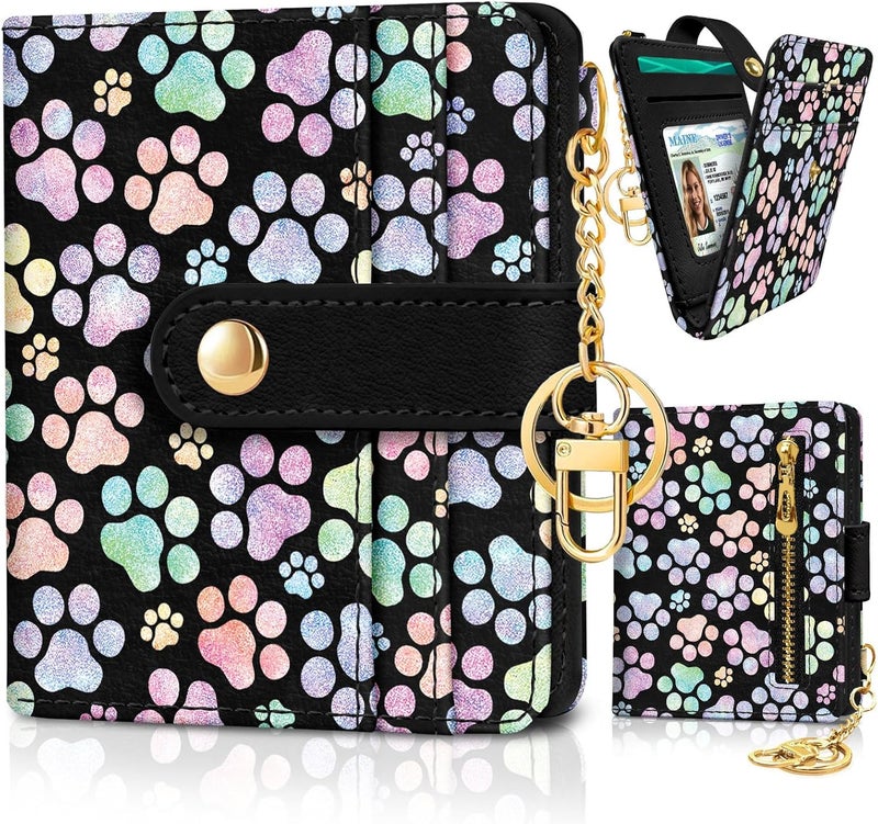 Jogjam Dog Paw Rfid Women Wallet, Small Slim Thin Credit Card Wallet, PU Leather Bifold Cash Zipper Coin Pocket ID Window for Female Ladies Teen Girls Girly - Image 1